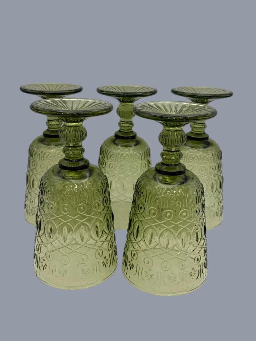 Vintage Olive Green Embossed Goblets – Retro Pressed Glass Wine Glasses